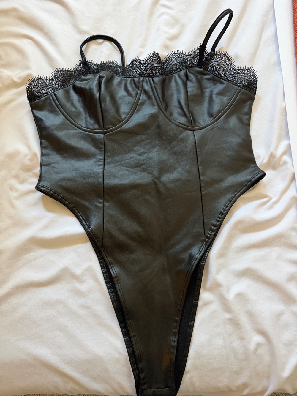 BLACK FAUX LEATHER LACE BODYSUIT